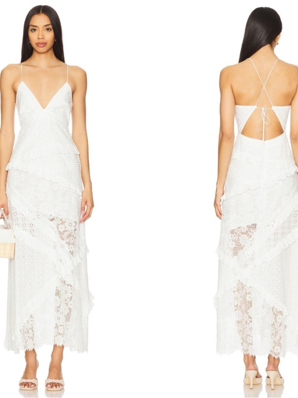 FOR LOVE & LEMONS Rosalyn Floral Eyelet Ruffle Tiered White Maxi Dress Size XL